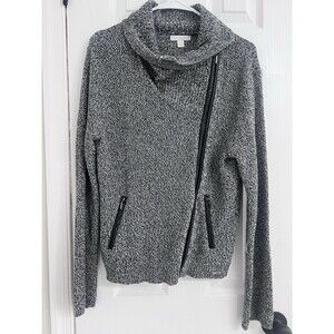 New York and Company Womens Moto Sweater Jacket L Side Zip Gray/Black Cowl Neck